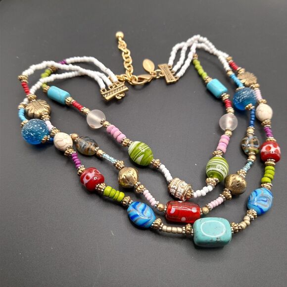 Chico's Lampwork Art Bead Necklace, Three Strands, 20" - Picture 11 of 13